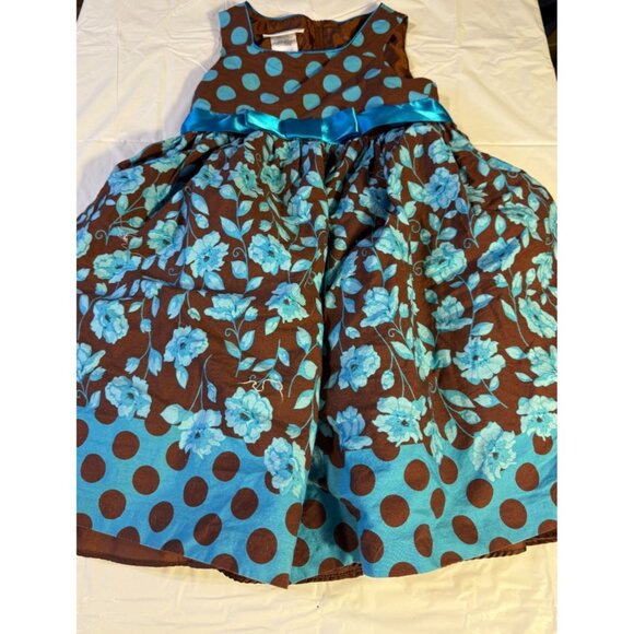 Bonnie Jean Frilly Dress Girls Size 5 Brown Blue Dots Floral Sweet - Picture 1 of 3